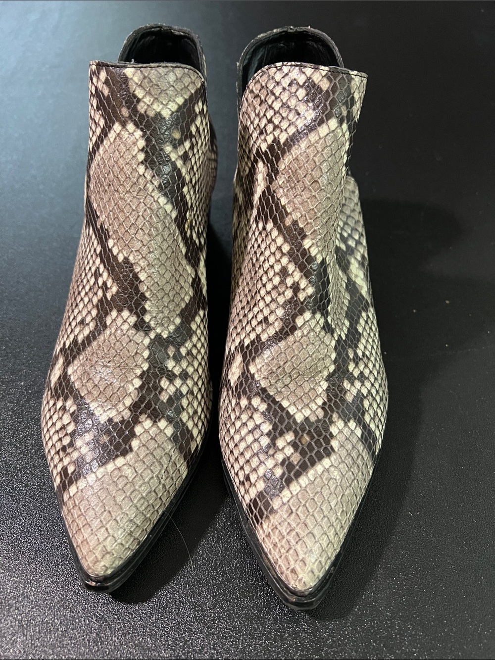 Marc Fisher Pointed Snake-Print Ankle Booties in Beige and Brownish black